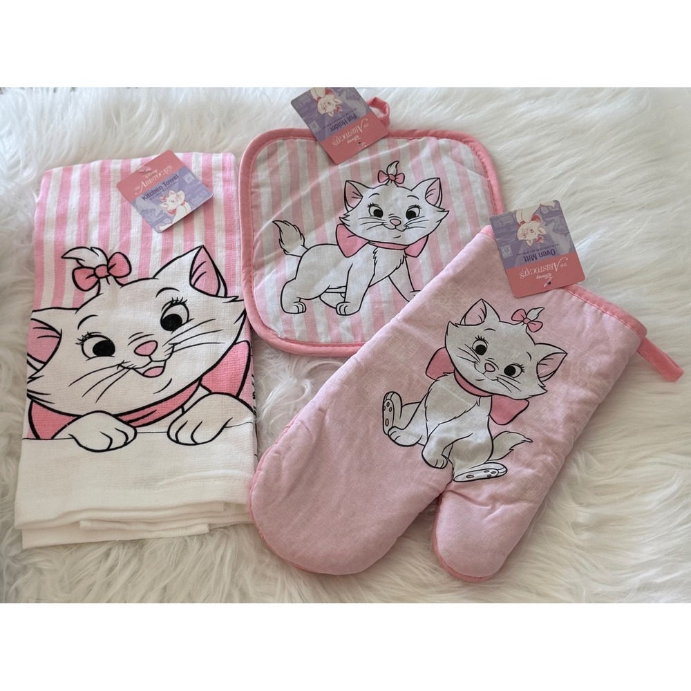 Disney The Aristocats Marie Kitchen Set Towel Pot Holder Oven Mitt Pink White